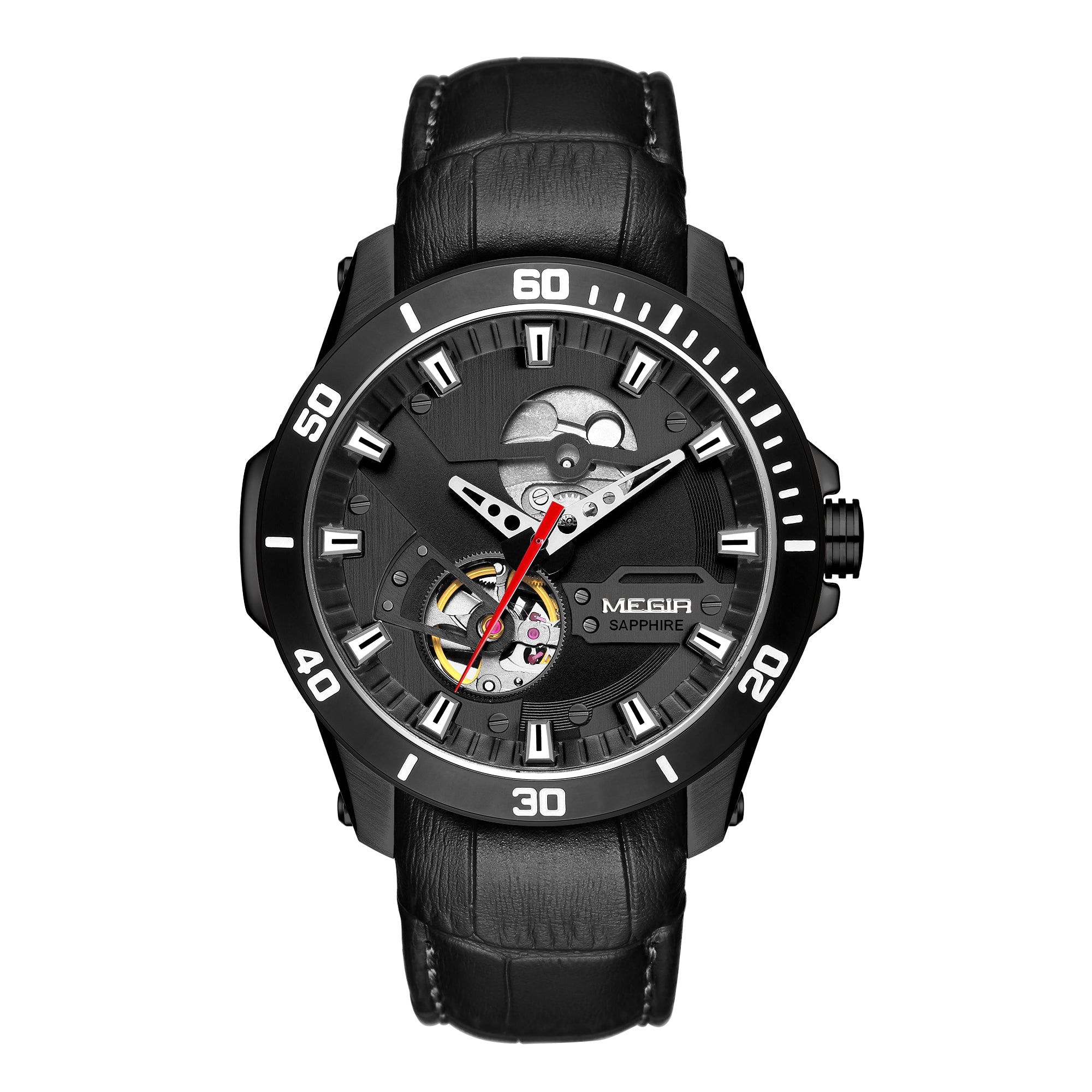 MEGIR Fashion Leather Watches for Men Sapphire Stainless Steel Automatic Mechanical Watch Sports Clock Montre Homme 62069-5