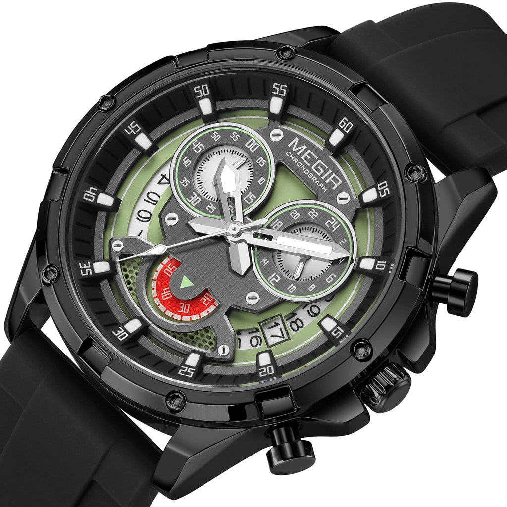 MEGIR Men's Sport Watches Silicone Strap Military Quartz Chronograph Waterproof Luminous Wristwatch 24-hour Auto Date Reloj Hombre 2248-13