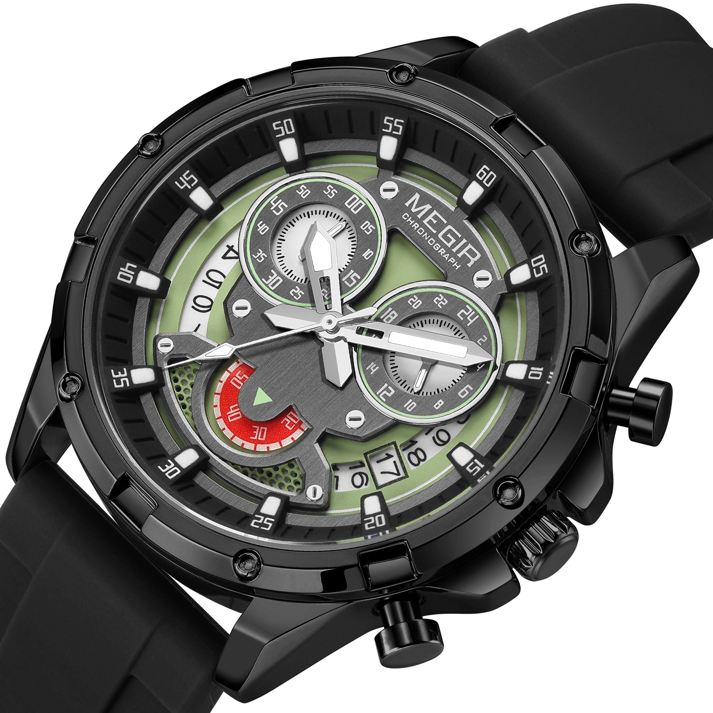 MEGIR Men's Sport Watches Silicone Strap Military Quartz Chronograph Waterproof Luminous Wristwatch 24-hour Auto Date Reloj Hombre 2248-13