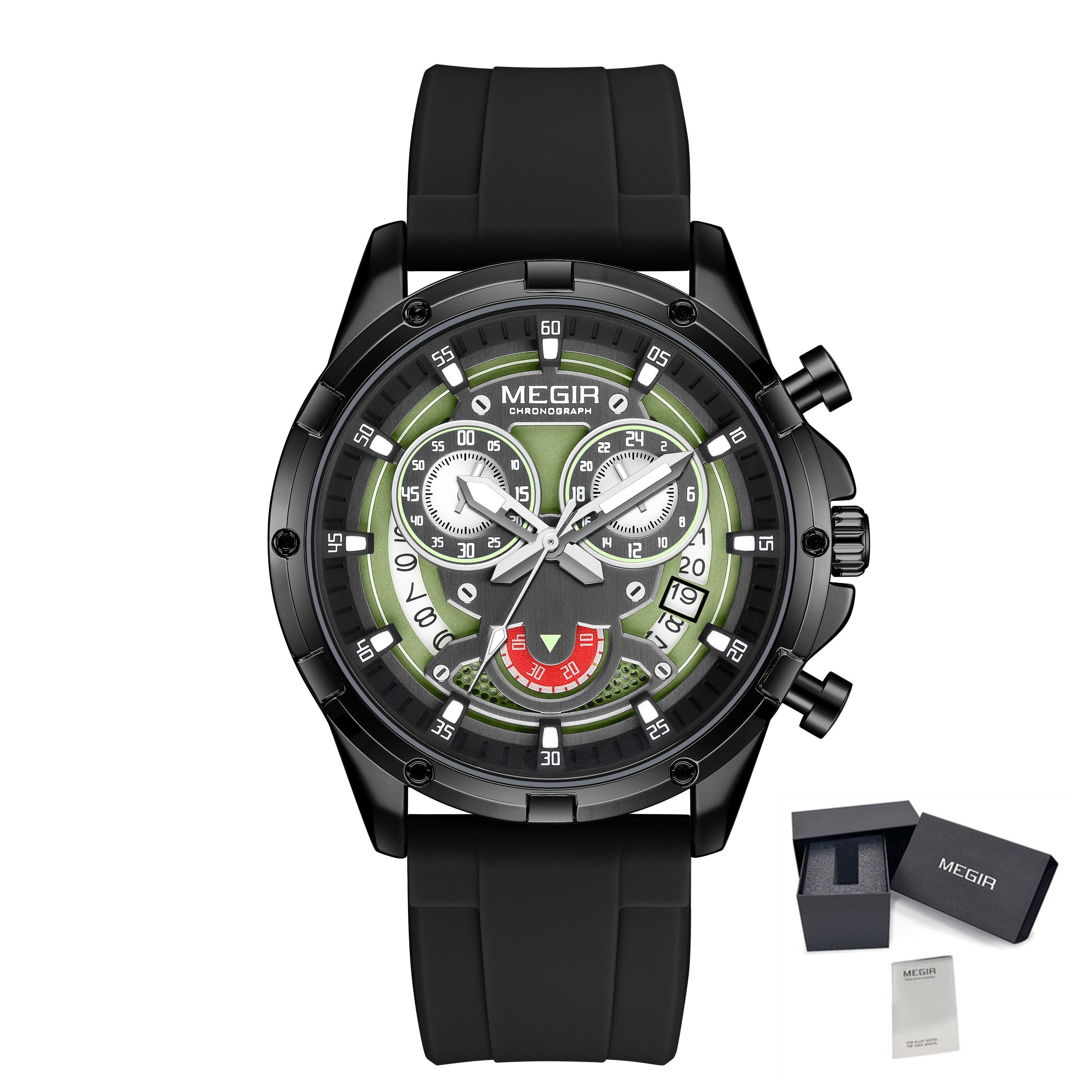 MEGIR Men's Sport Watches Silicone Strap Military Quartz Chronograph Waterproof Luminous Wristwatch 24-hour Auto Date Reloj Hombre 2248-16