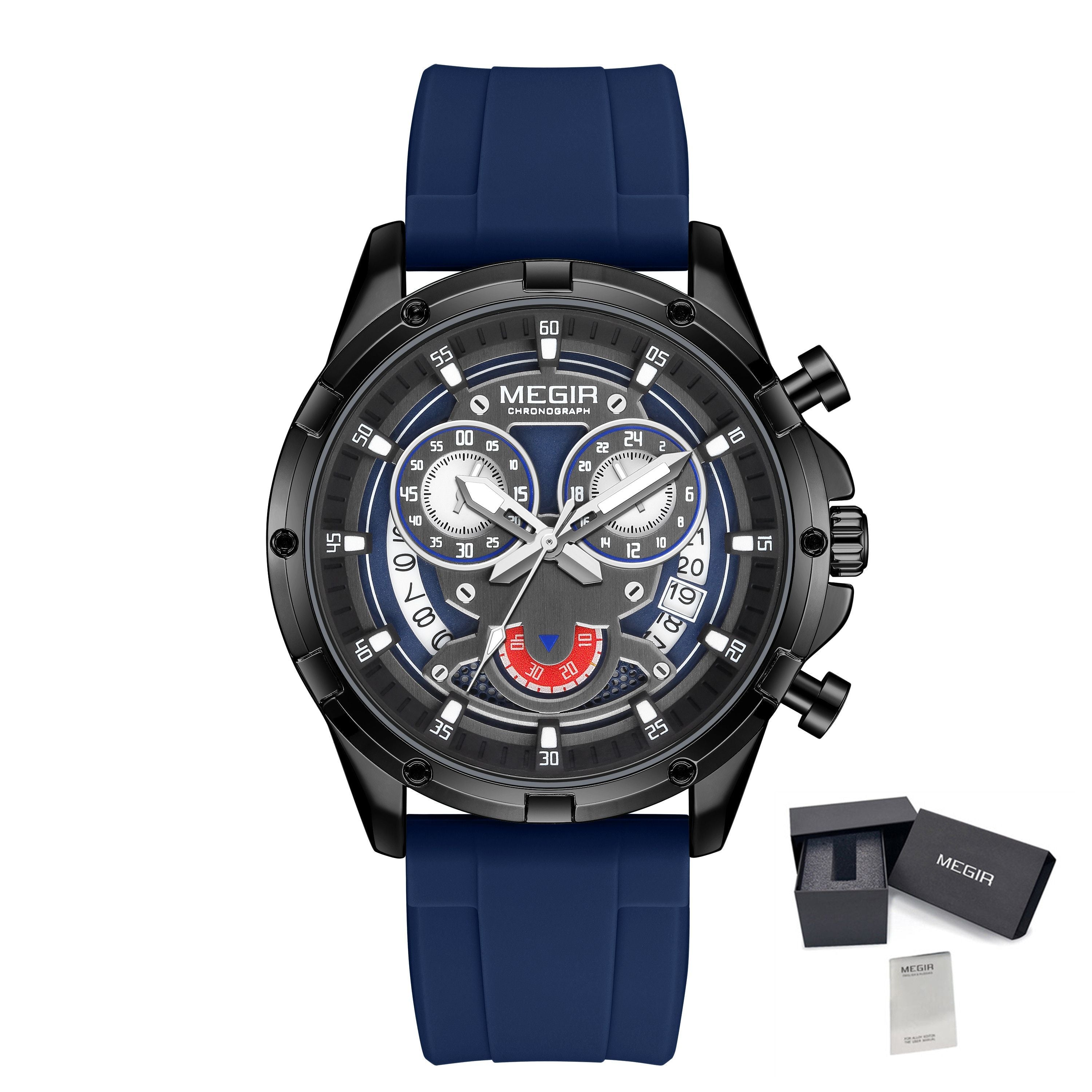 MEGIR Men's Sport Watches Silicone Strap Military Quartz Chronograph Waterproof Luminous Wristwatch 24-hour Auto Date Reloj Hombre 2248-19