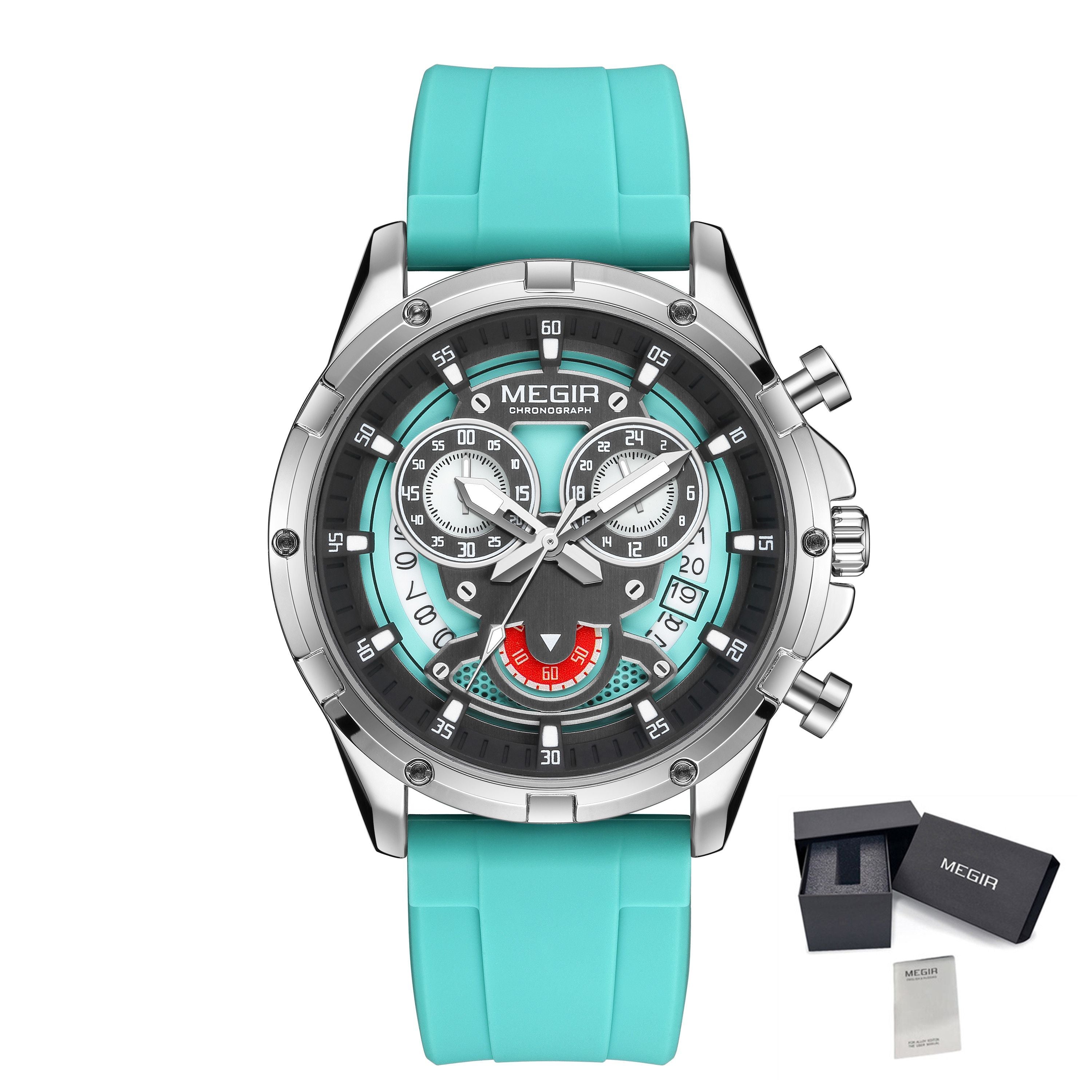 MEGIR Men's Sport Watches Silicone Strap Military Quartz Chronograph Waterproof Luminous Wristwatch 24-hour Auto Date Reloj Hombre 2248-17