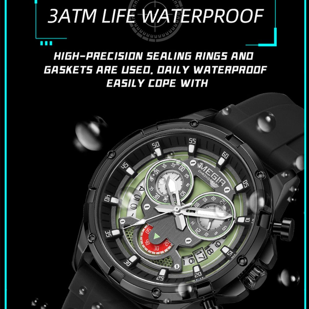 MEGIR Men's Sport Watches Silicone Strap Military Quartz Chronograph Waterproof Luminous Wristwatch 24-hour Auto Date Reloj Hombre 2248-10