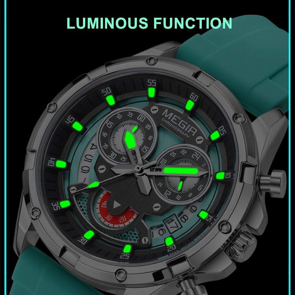 MEGIR Men's Sport Watches Silicone Strap Military Quartz Chronograph Waterproof Luminous Wristwatch 24-hour Auto Date Reloj Hombre 2248-8