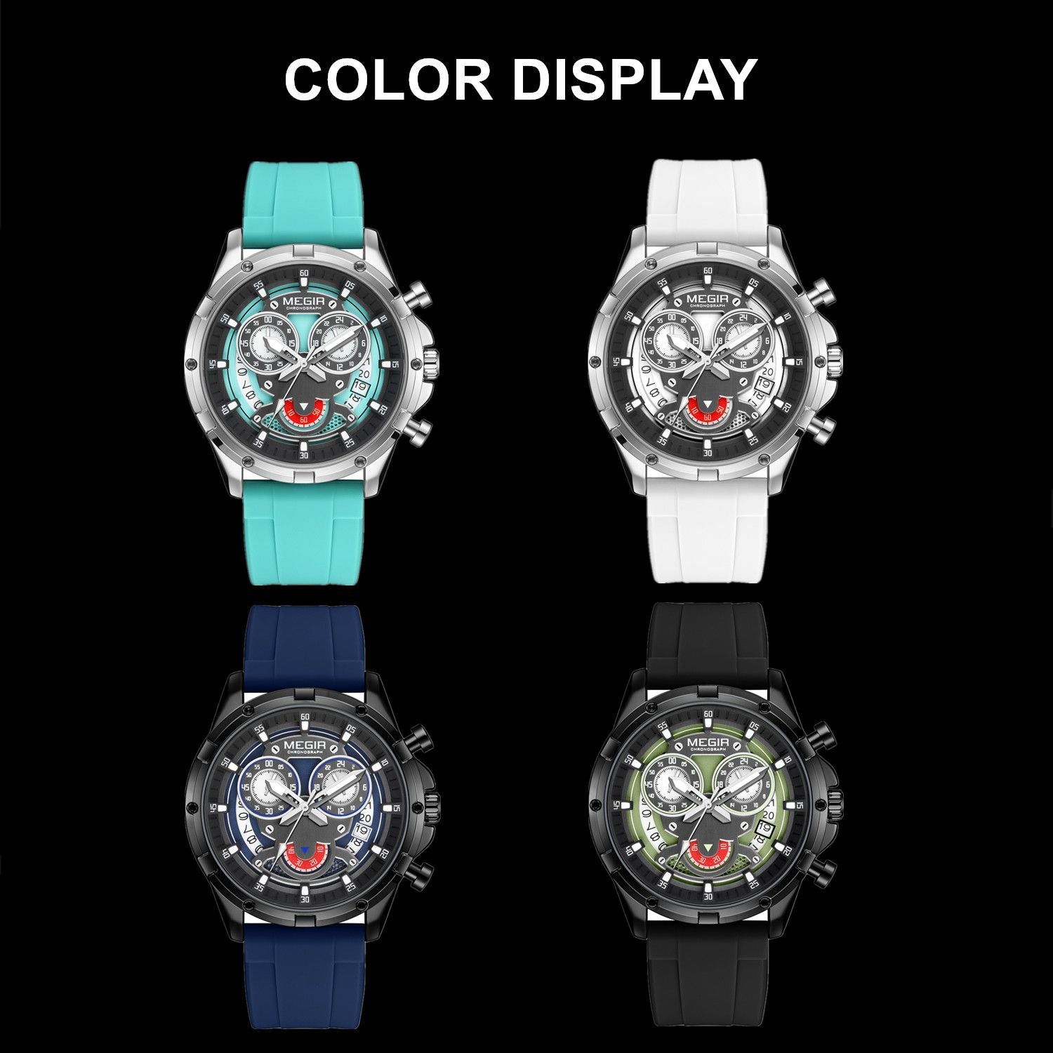 MEGIR Men's Sport Watches Silicone Strap Military Quartz Chronograph Waterproof Luminous Wristwatch 24-hour Auto Date Reloj Hombre 2248-7