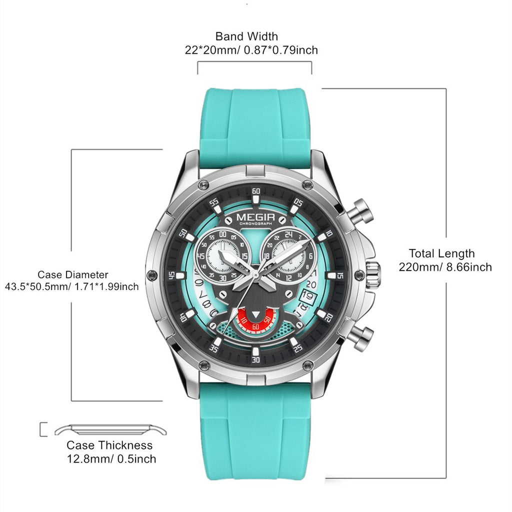 MEGIR Men's Sport Watches Silicone Strap Military Quartz Chronograph Waterproof Luminous Wristwatch 24-hour Auto Date Reloj Hombre 2248-9