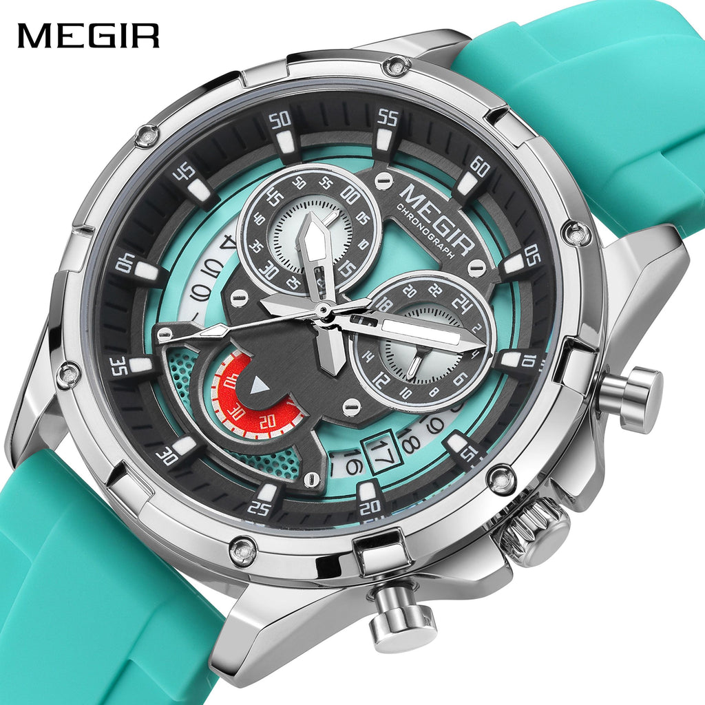 MEGIR Men's Sport Watches Silicone Strap Military Quartz Chronograph Waterproof Luminous Wristwatch 24-hour Auto Date Reloj Hombre 2248-0