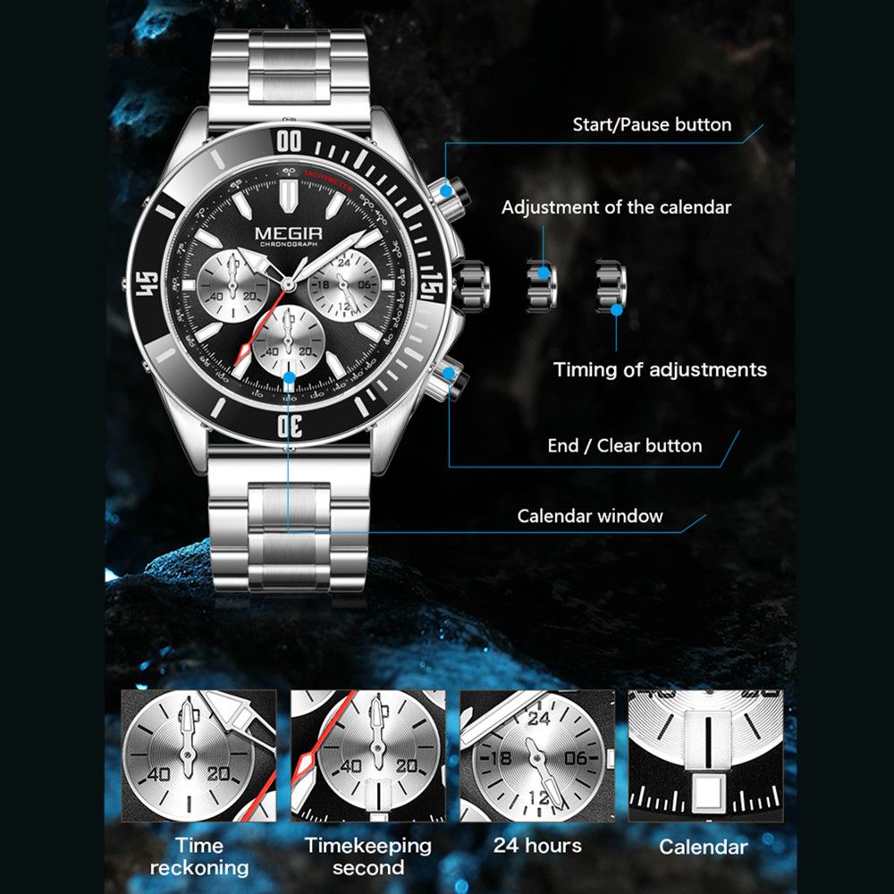 MEGIR Men Watch with Chronograph Fashion Quartz Military Waterproof Calendar Business Casual Wristwatches Clock Montre Homme 2226-6